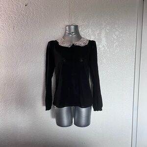 DownEast Black Fitted Long Sleeve Blouse with Peter Pan Collar